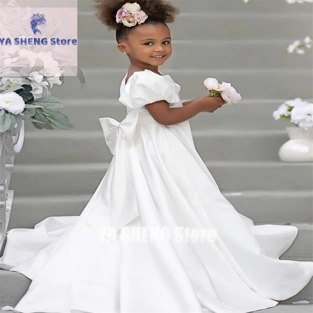 Robe de demoiselle d'honneur en satin blanc pour mariage, manches à bulles avec nœud, robe élégante pour enfants, reconstitution historique, soirée, première communion, quoi que ce soit