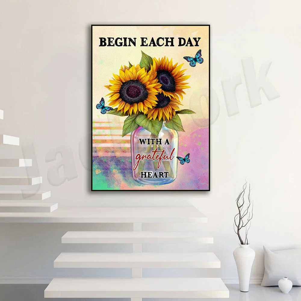 Start each day with a grateful heart vintage poster, sunflower and butterfly print, sunflower wall art, sunflower poster