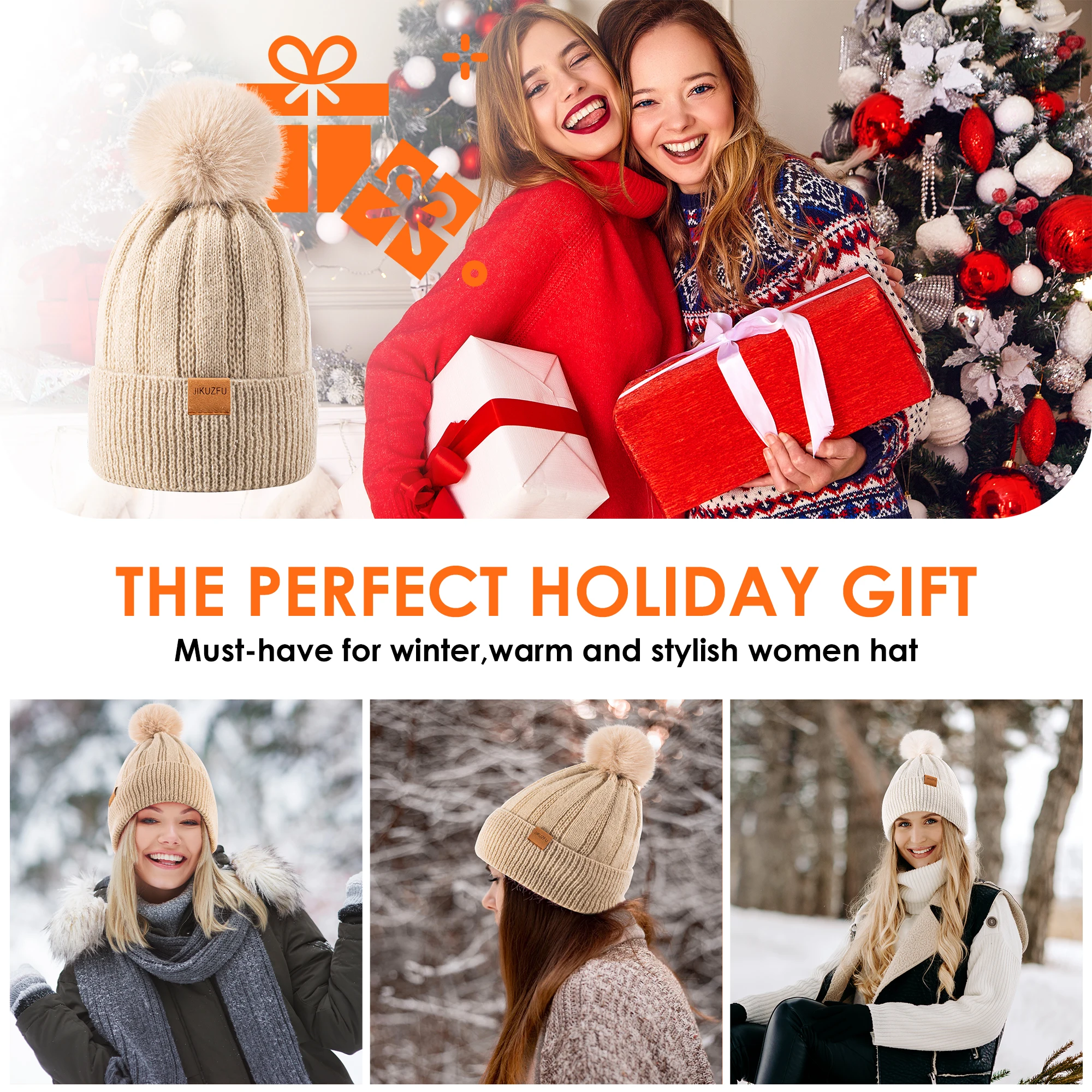 Женская зимняя вязаная шапка-бини с помпоном из искусственного меха, теплая вязаная шапка, супермягкая шапка для холодной погоды