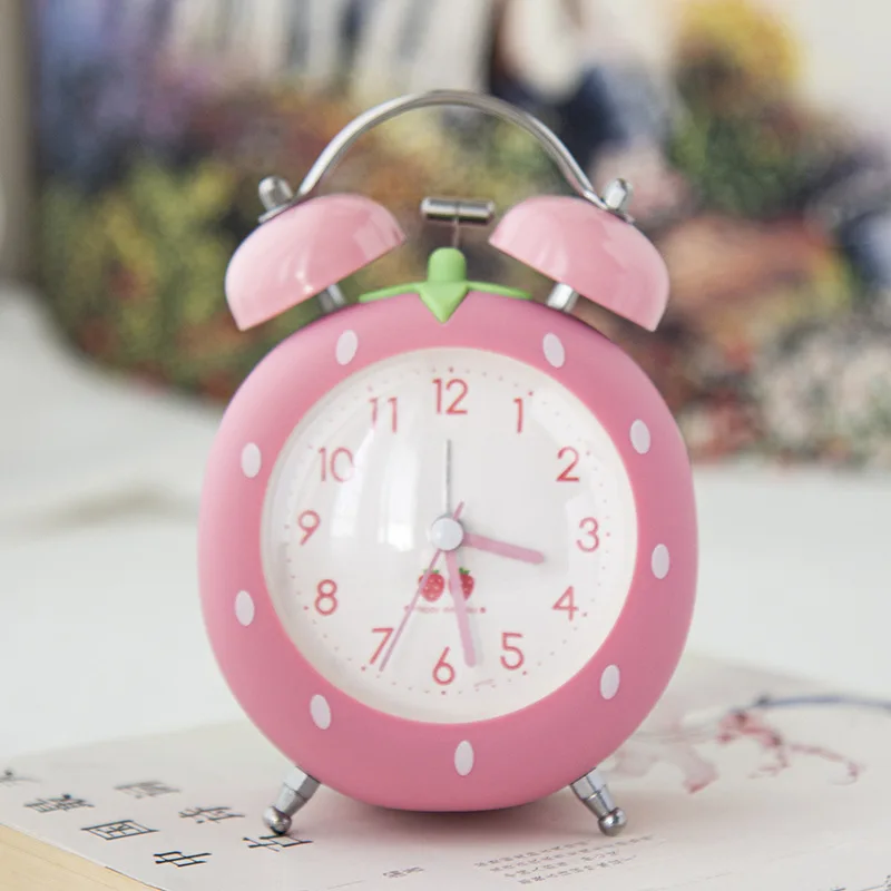 Big Bell Strawberry Creative Sleepy Little Alarm Clock Cartoon Children\'s Students Use Nightlight, Simple and Silent Bedhead