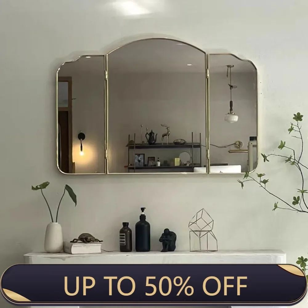 Retro Luxury Triple Fold Mirror 80x60 Wall Decoration Nordic Bathroom Makeup Mirrors 90x60 Stainless Steel Frame Home Decor