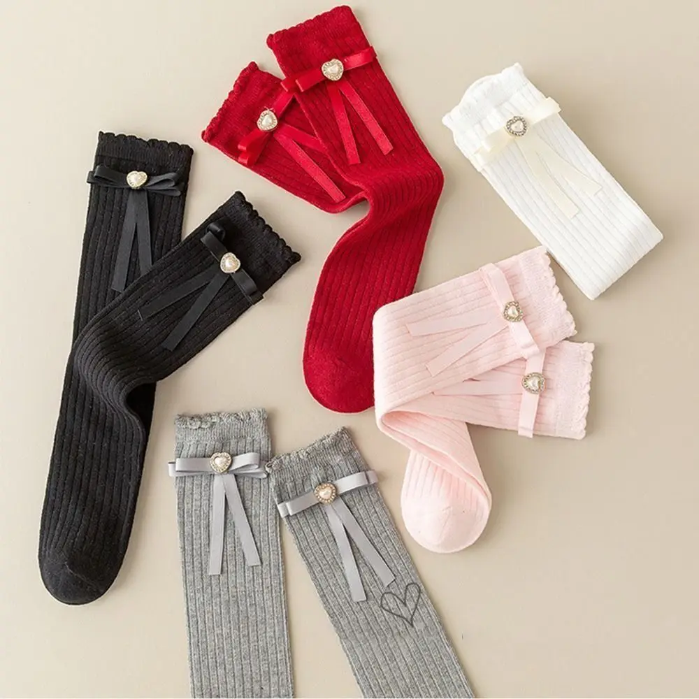 Sweet Cotton Children's Mid-calf Socks Lolita Red Girls Socks Bow Ribbon Children Mid-Length Socking New Year
