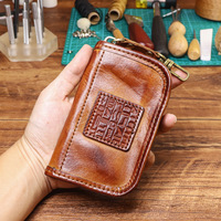 Vegetable Tanned Leather Top Layer Cowhide Handmade Key Bag Embossed Large Capacity Zipper Storage Bag Simple Car Key Card Bag