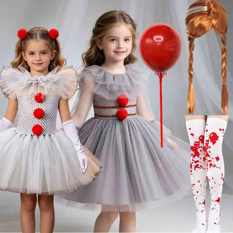 2026 Halloween Evil Clown Tutu Costume for Little Girls Kids Spooky Scary Outfit Full Accessories Set Party Dress Up