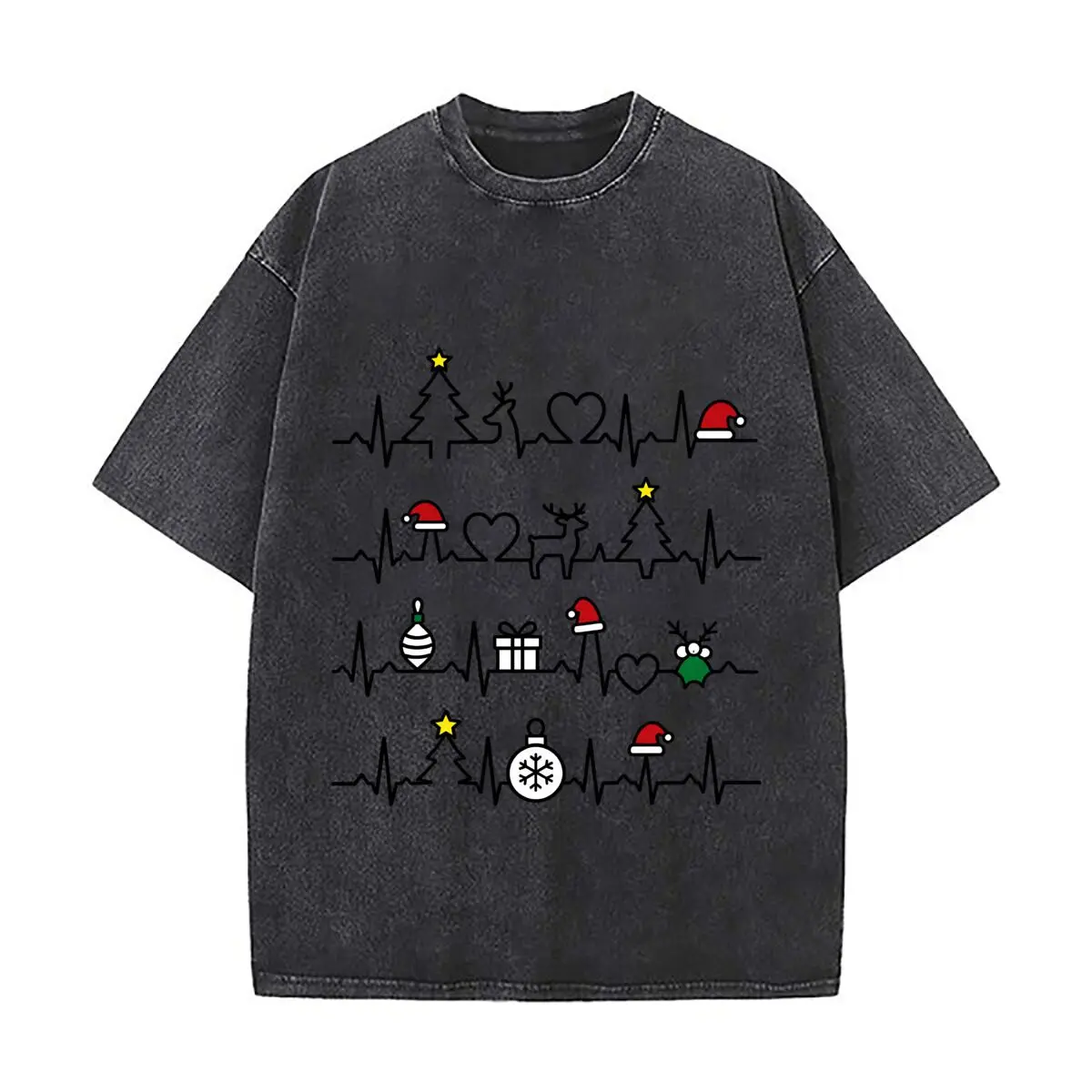 Christmas Heartbeat EKG Heart Tree Reindeer Ornament Gift Holly Distressed Faded Baggy Streetwear Tops for Park Hangouts