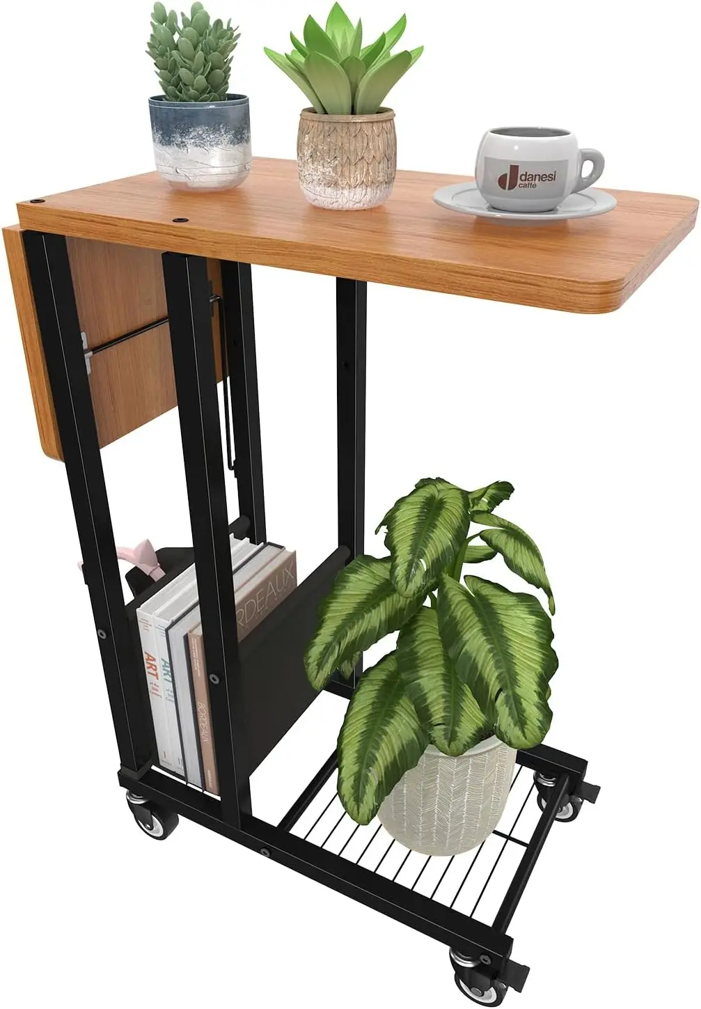 

C-Shaped Folding TV Tray Table with Wheels, Compact Side Table for Sofa, Black Modern Design for Living Room or Bedroom