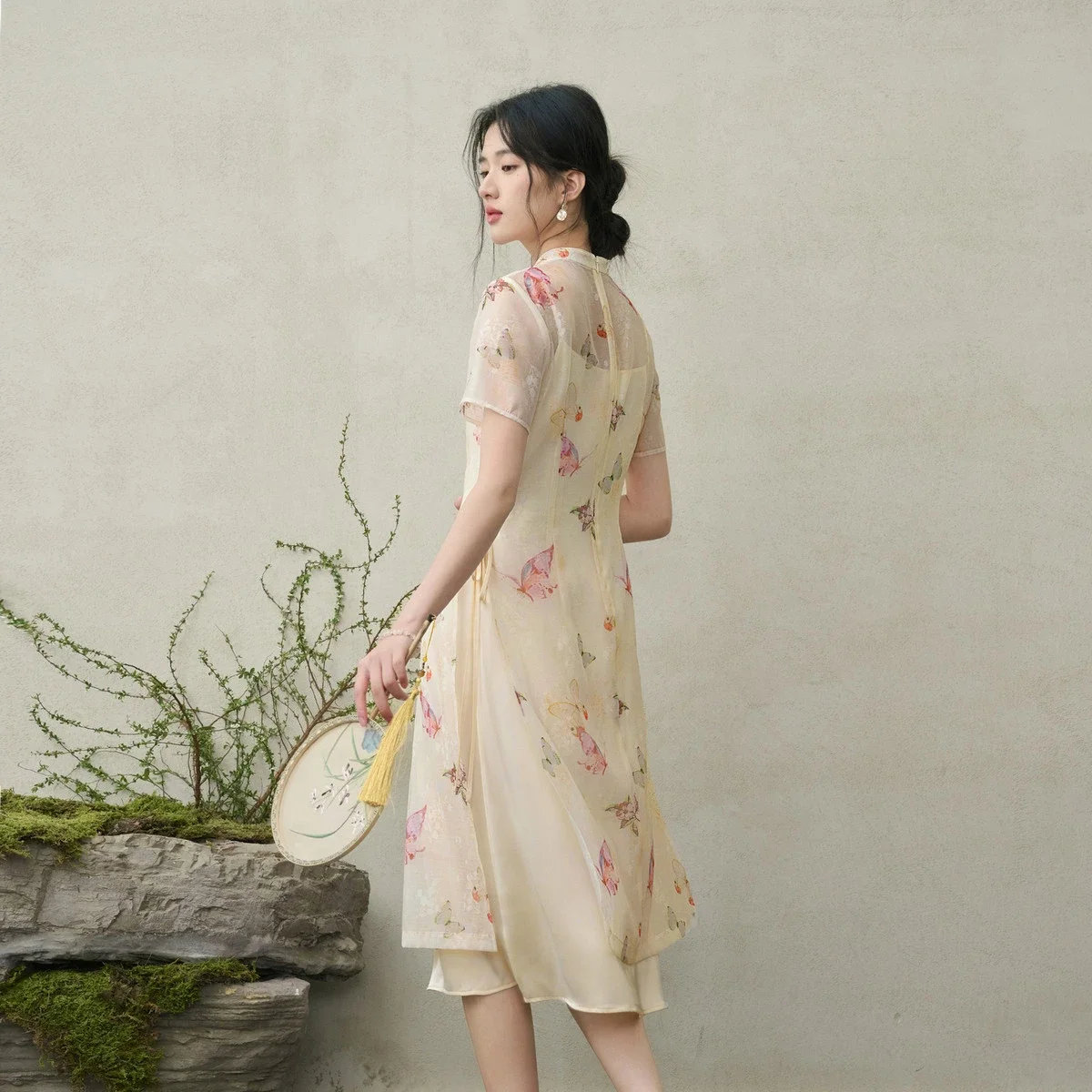 SENTUBILA Chinese Style Summer 2 Piece Dress Set for Women Elegant Mandarin Collar Printed Dress + Inner Cami Dress 162LV4713