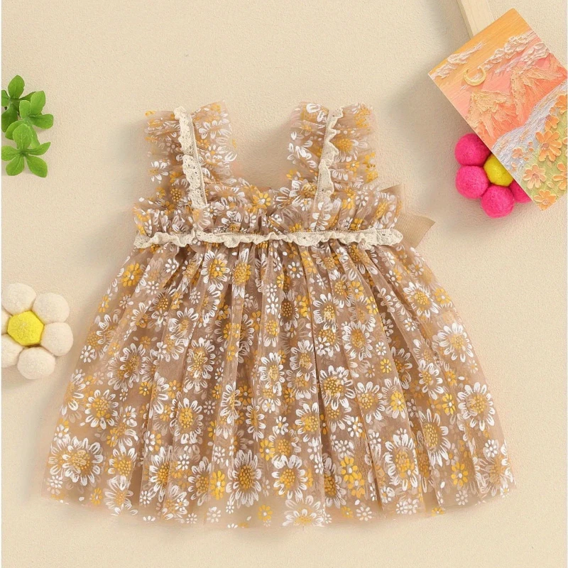 Newborn Photography Clothing  Adorable Daisy Print Sleeves Tulle Dress Golden  Elegant Lace Mesh Skirt For Photo Shoot