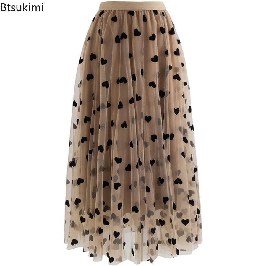 Skirts Women French Retro Mesh 2025 High Waisted Midi A-line Skirt Plush Heart-shaped Fluffy High Street Fashion Chic Clothing