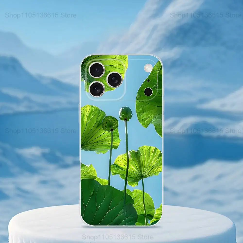 Funda de teléfono Nature Lotus Leaf para iPhone 16,15,14,13,12,11,17 Pro,Max,Plus,X,XS,XR,SE,Mini cubierta suave transparente