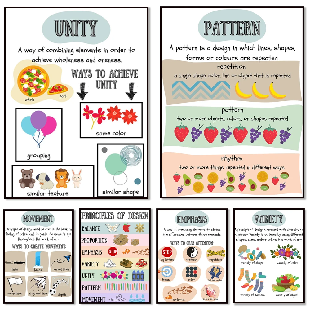 Design poster principles print, art classroom decoration, educational posters, elementary, secondary, art posters'