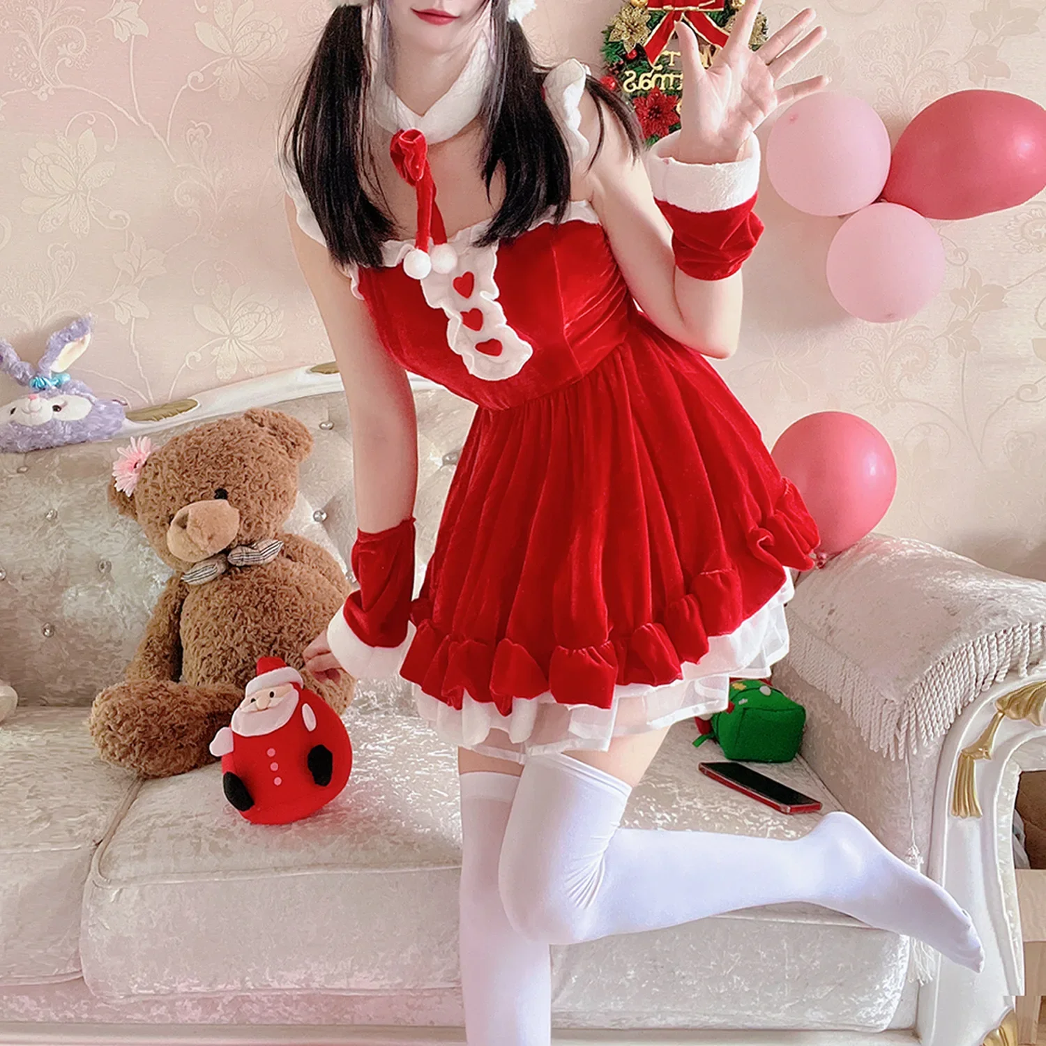 Cute Christmas Costumes Dress Women Anime Sexy Pink Maid Costume Halloween Bunny New Year's Party Wear Dress Cuff Neck Headdress