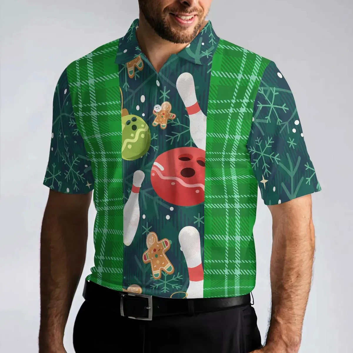 Christmas Bowling Polo Shirt, Green Plaid All-over Print, Gingerbread Man, Holiday Lane Tee, Ugly Sweater Style, Xmas Bowler