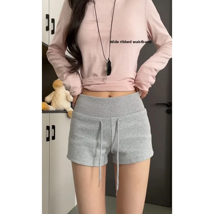 회색 슬림핏 드로스트링 스포츠 반바지 여성 여름 2025 신상 미국식 레이지 스타일 핫팬츠 하이웨이스트 스트레이트 레그 캐주얼 팬츠