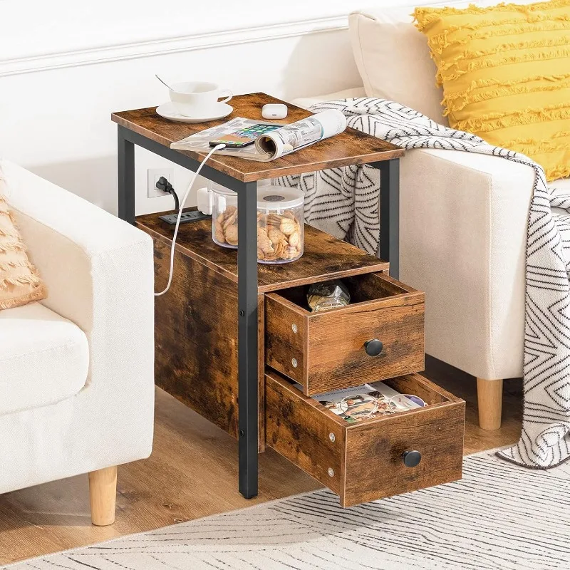 End Table with Charging Station, Narrow Side Table with 2 Drawer & USB Ports & Power Outlets, Nightstand for Small Spaces,