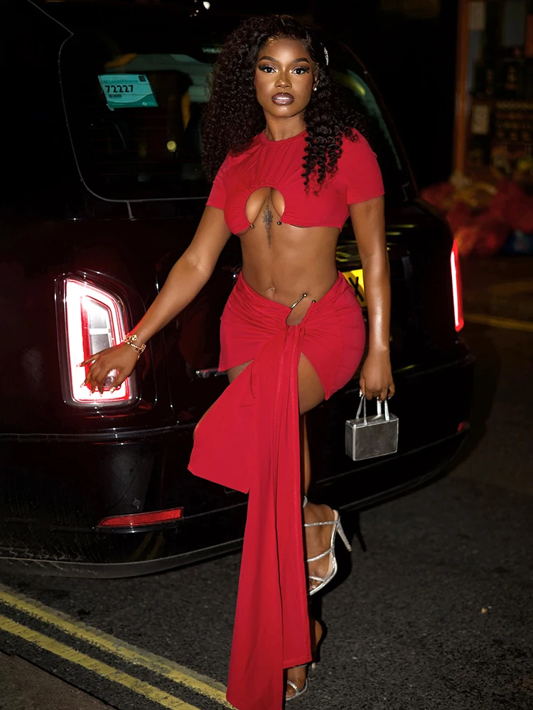 Nibber Fashion Summer 2Piece Set Women Solid Shorts Sleeve Ruched Brooch Crop Tops+Irregular Ribbon Skirts Matching Club Outfits