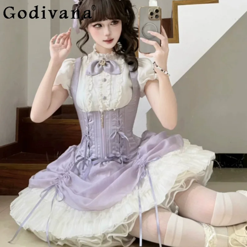 Lolita Gothic Fishbone Lolita Cake Princess Dress Sweet Cool Women Fashion High Waist A-line Versatile Stand Collar Shirt Stes