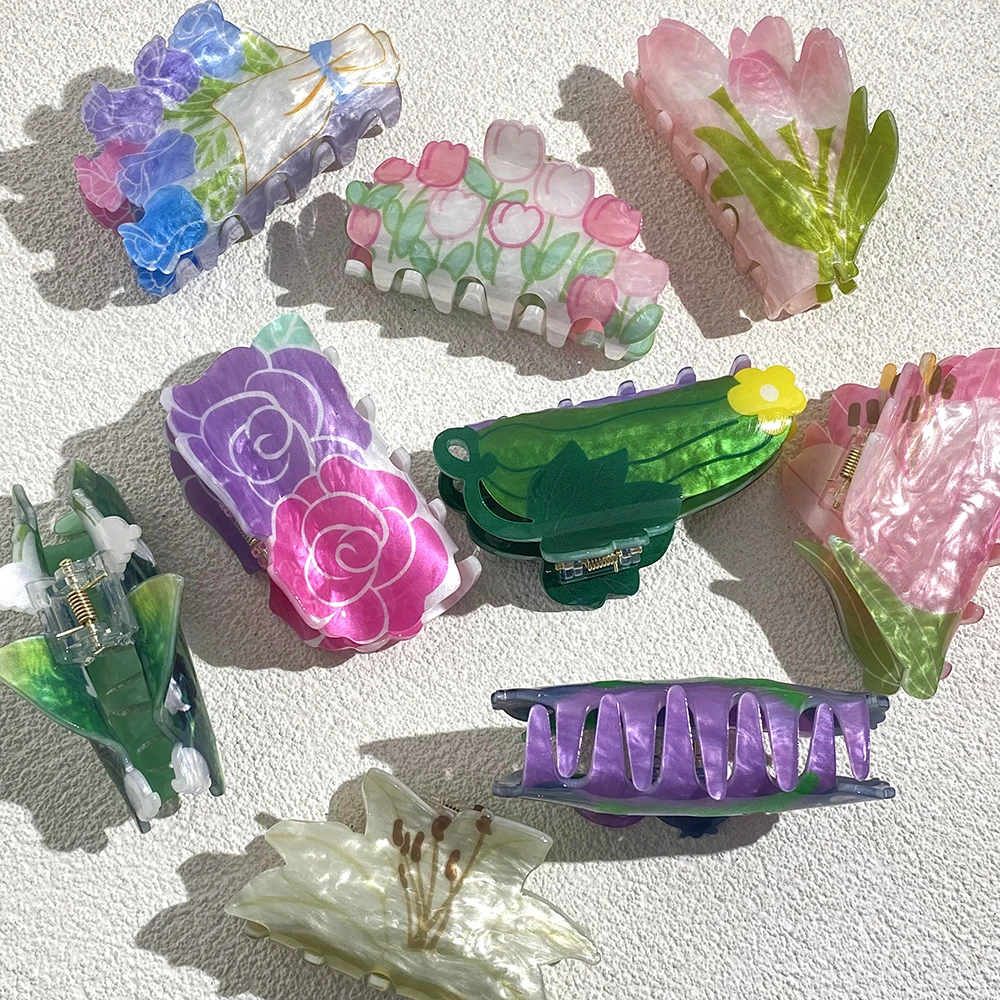 Sweet Acrylic Double Sided Flower Printed Hair Claw Clip For Women Oversize Geometric Shark Hairpin Headwear Hair Accessories