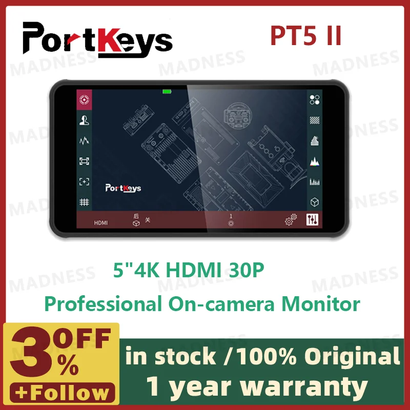 Portkeys PT5 II 5′′ Monitor de 5 pulgadas 4K HD Pantalla táctil 500nit Soporte de LUT 3D ultrafino 1920*1080 para cámara DSLR P6 nuevo