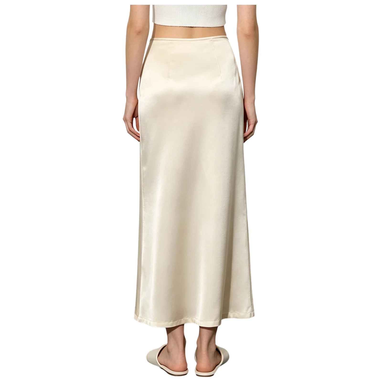 Women Elegant Side Slit Satiny Maxi Skirts Lace-up Waist Ankle Length Skirt for Birthday Party Wedding Work Office Daily Life