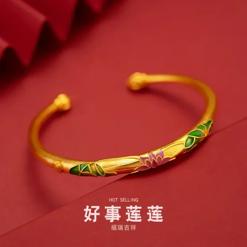 

9999 Real Gold 24K Retro Lotus Bracelet Boutique Thickened Gold Women's Ethnic Lotus Bracelet Gold