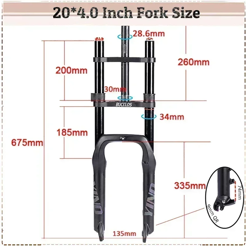 BUCKLOS Snow Fat Bike Fork 20*4.0 Inch / 26*4.0 Inch Air Suspension Fork Travel 180mm Double Shoulder E-Bike Fork Bicycle Parts