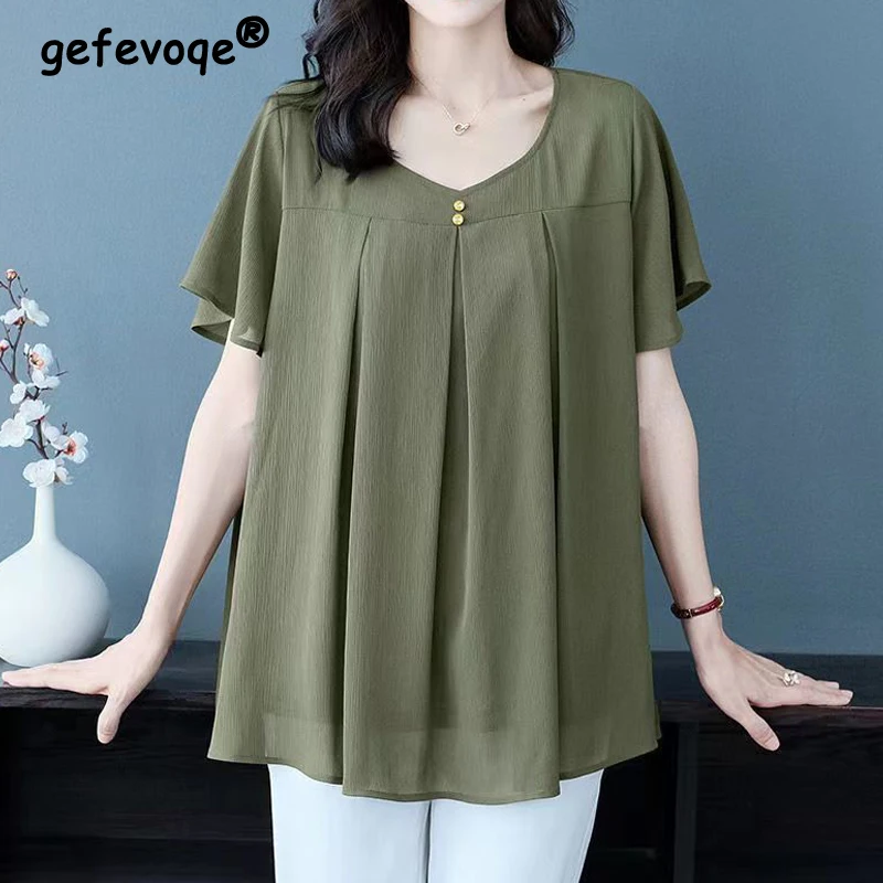

Шифоновая зеленая блузка оверсайз с круглым вырезом, женские топы свободного кроя с коротким рукавом, однотонная летняя Весенняя футболка для женщин, 2022, повседневные рубашки