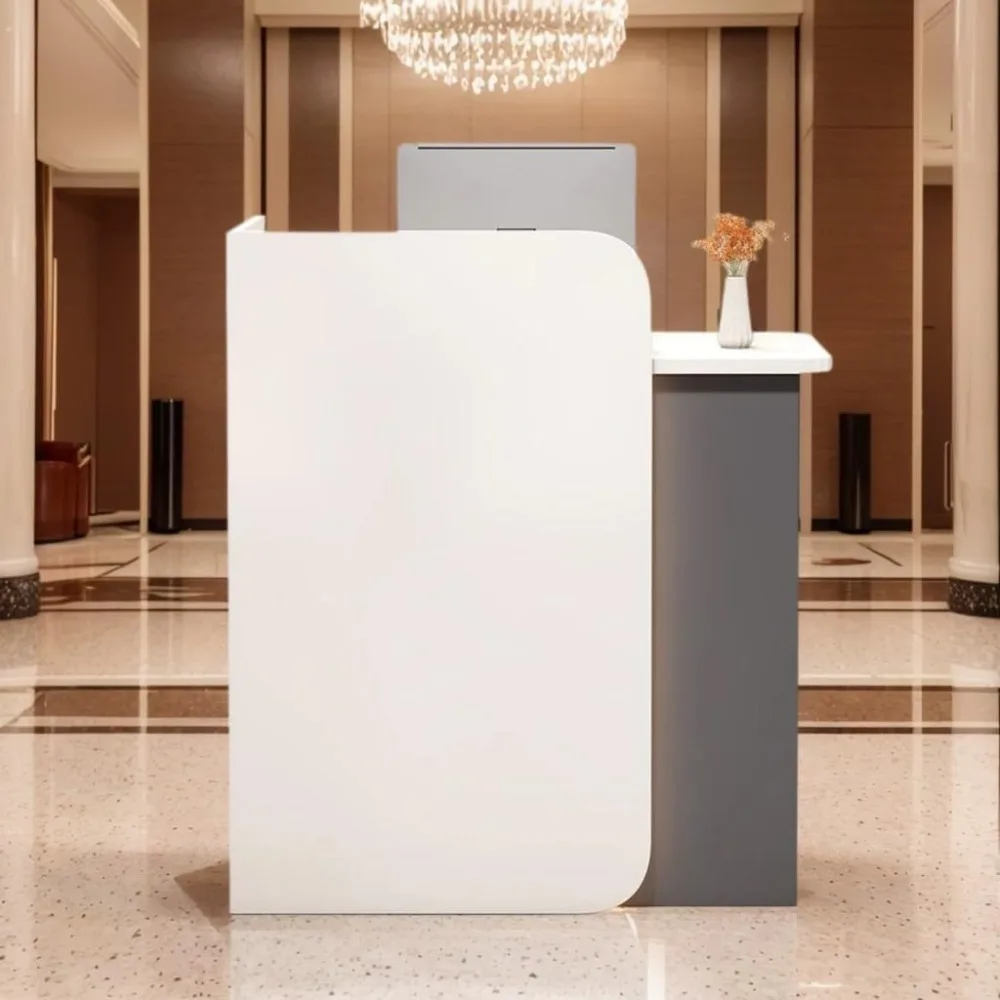 

32 Inch Reception Counter, Modern Checkout Counter with LED Light, Front Desk with Lockable Drawer, Reception Desk for Lobby, Sa