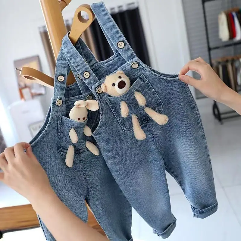

80-130CM Baby Girls Jeans Pants Spring and Autumn Children's Denim Pants Boys and Girls Casual Denim Strap Pants 0-6 Years