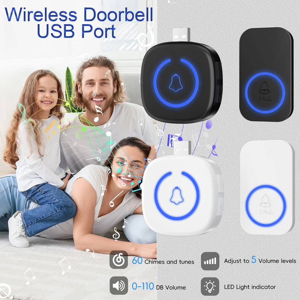 RF433 MHz Wireless Doorbell Outdoor For Home USB Smart Door Bell Pairing Remote Control 60 Ringtongs 5 Levels Adjustable Volume