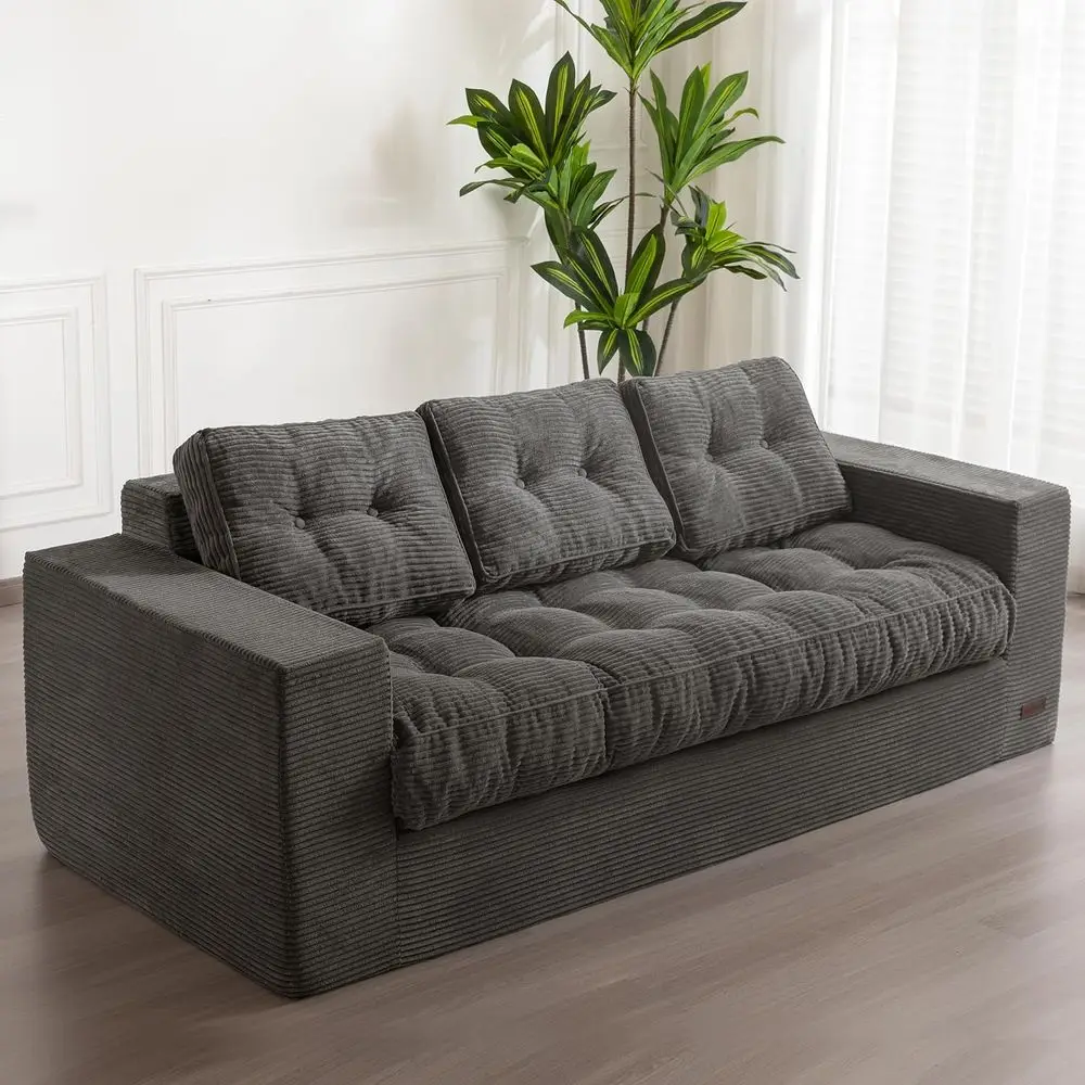3-Seater Living Room Couch with Tufted Cushion and Backrest, Upholstered Floor Sofa, Grey
