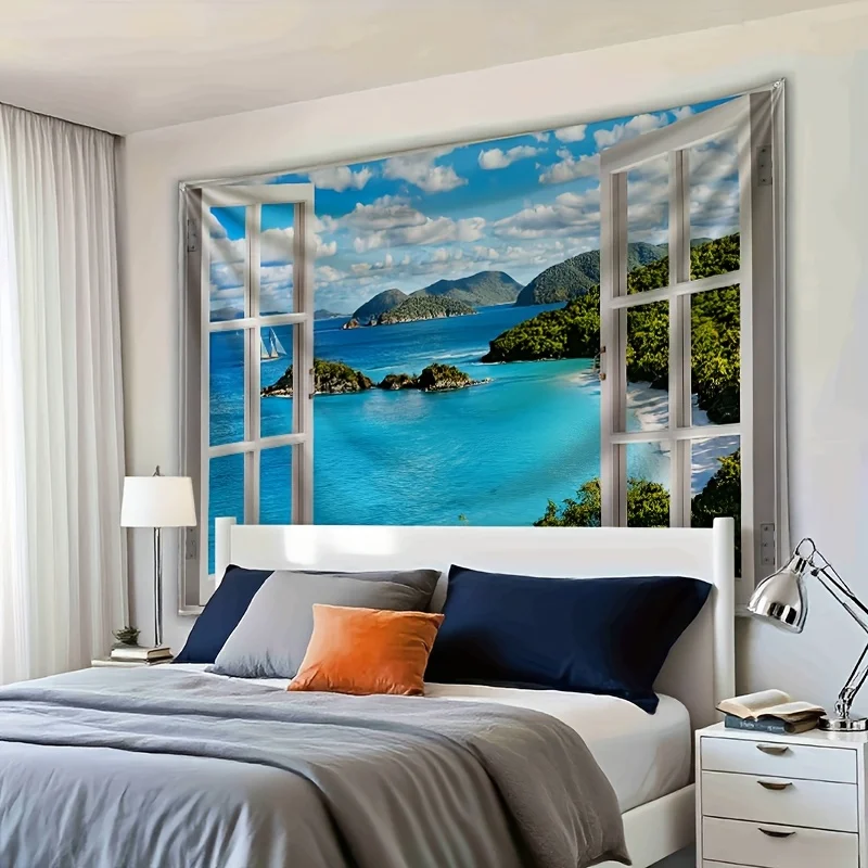 VIKAMA Sea View Fake Window Tapestry Tropical Island Landscape Wall Hanging for Bedroom Living Room Homestay Decor