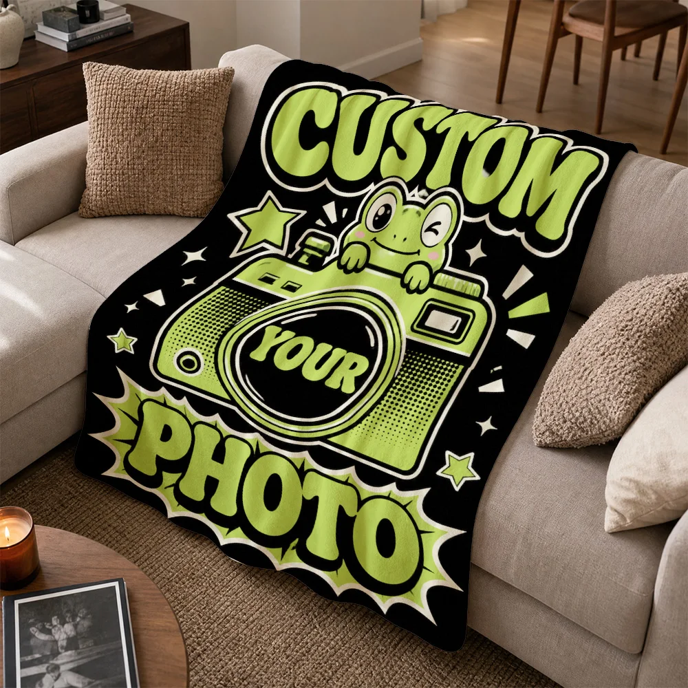 Personalized Custom Photo Throw Blanket for Sofa Couch Home Decor Gift Unique Retro Frog Radio Design Cozy Keepsake