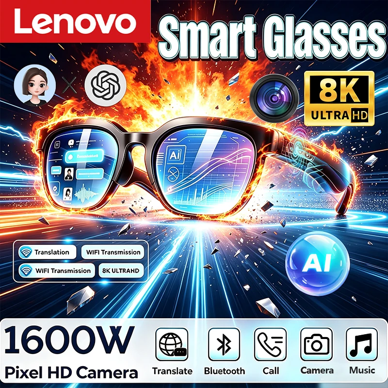 Lenovo 2027 AI Smart Glasses 8K HD Camera Language Translation ChatGPT WIFI Video Recording Bluetooth CallAudio Glasses Men Wome