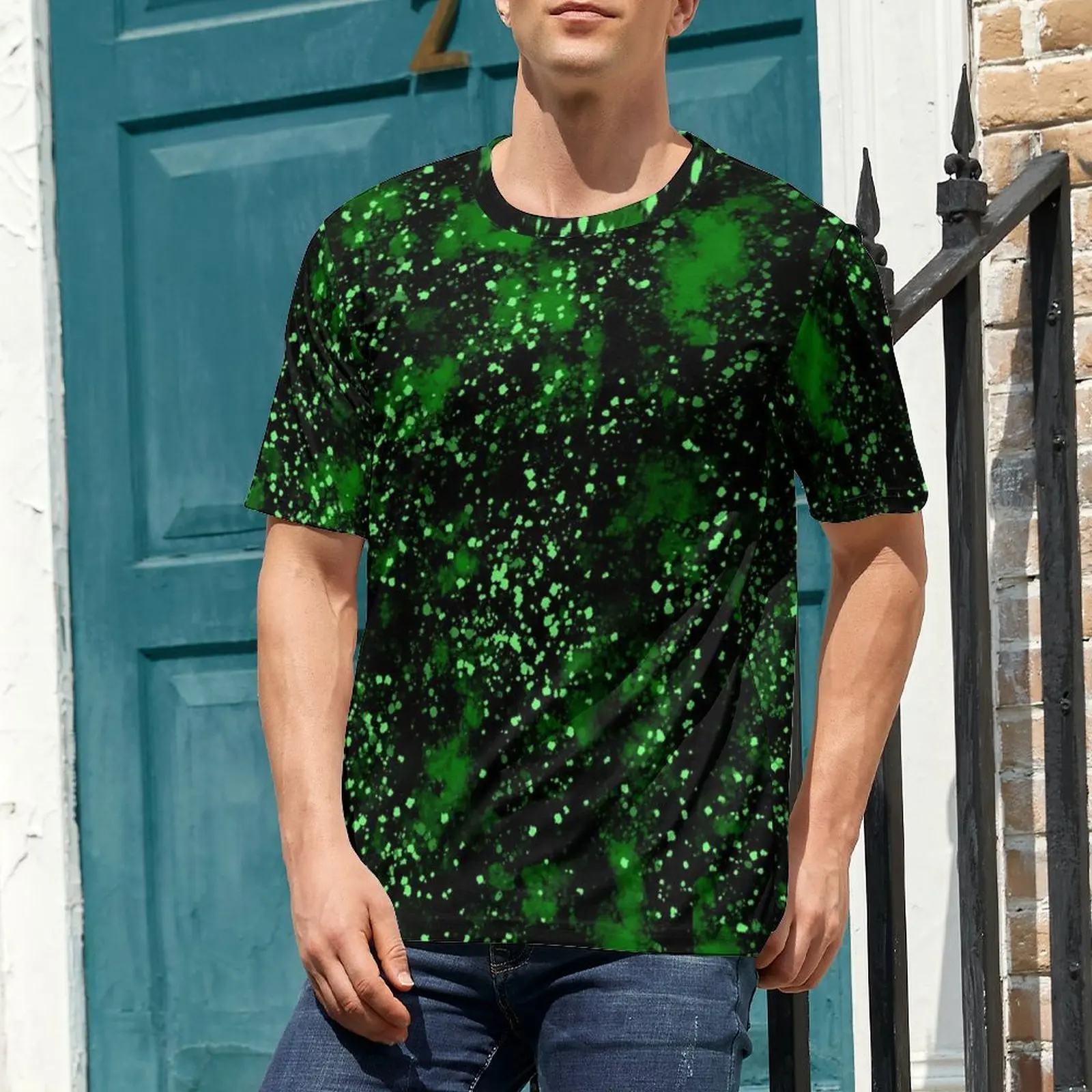 Big Size T-Shirt Summer Abstract Splatter Paint T-Shirts Black and Green Funny O Neck Tee Shirt Male Fashion Pattern Top Tees