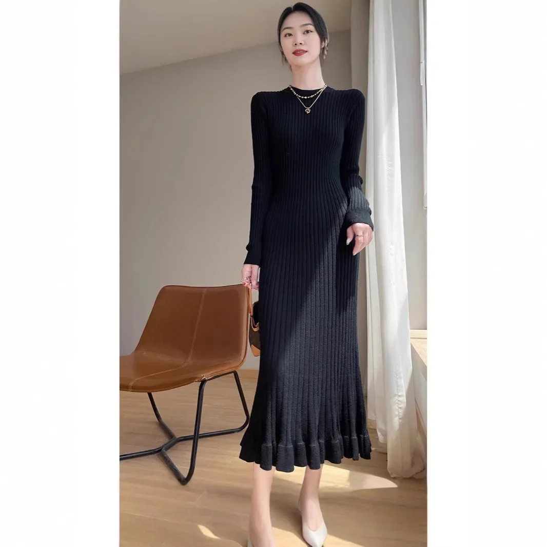 Elegant round Neck Fish Tail Hem Knitted Dress Women's Long Sleeve Base Layer Sweater Dress Autumn Winter New Style Ankle Length