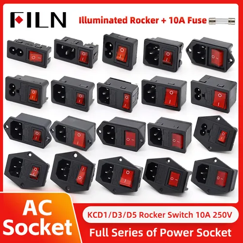FILN Red LED IEC320 C14 AC Socket 3 Pin 250V Rocker Switch with 10A Fuse Female Male Inlet Plug Connector 2 Pin Mount