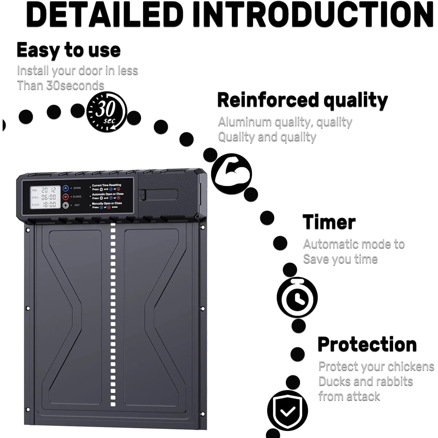 Automatic chicken coop door, large-sized LCD screen with timer, powered by 3 * AA batteries (battery not included)