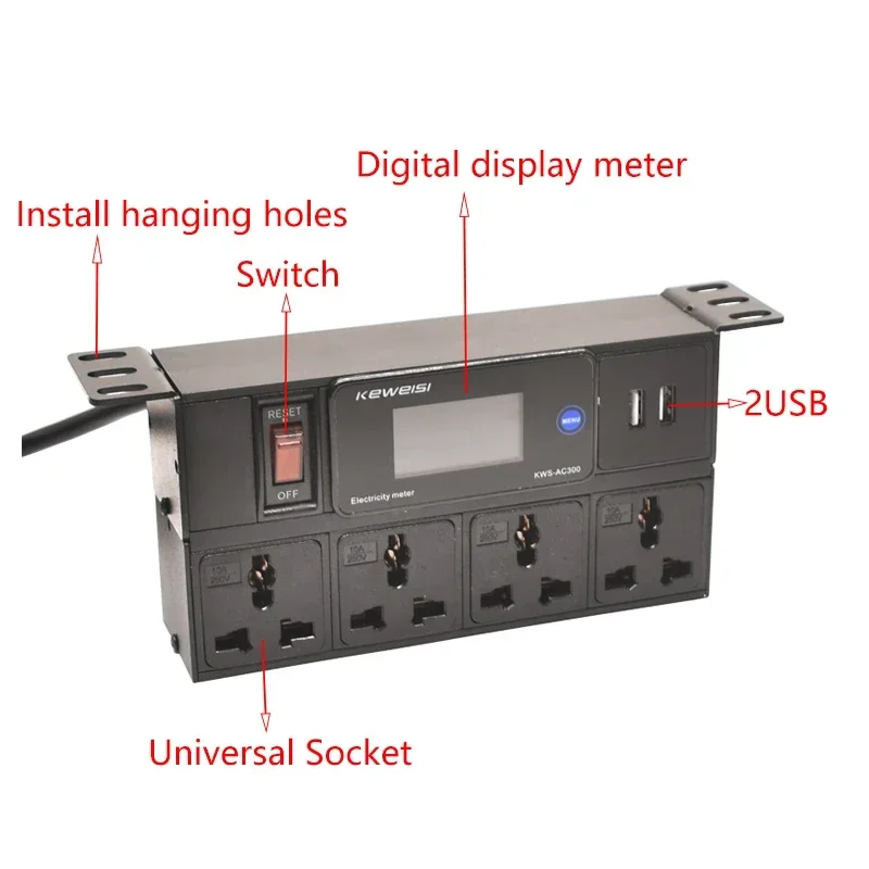 Tomada de Extensão Escondida, Voltímetro Digital, Medidor de Energia com Interruptor, 2USB, 4 Formas, Tomada Universal, Cabo de 2m