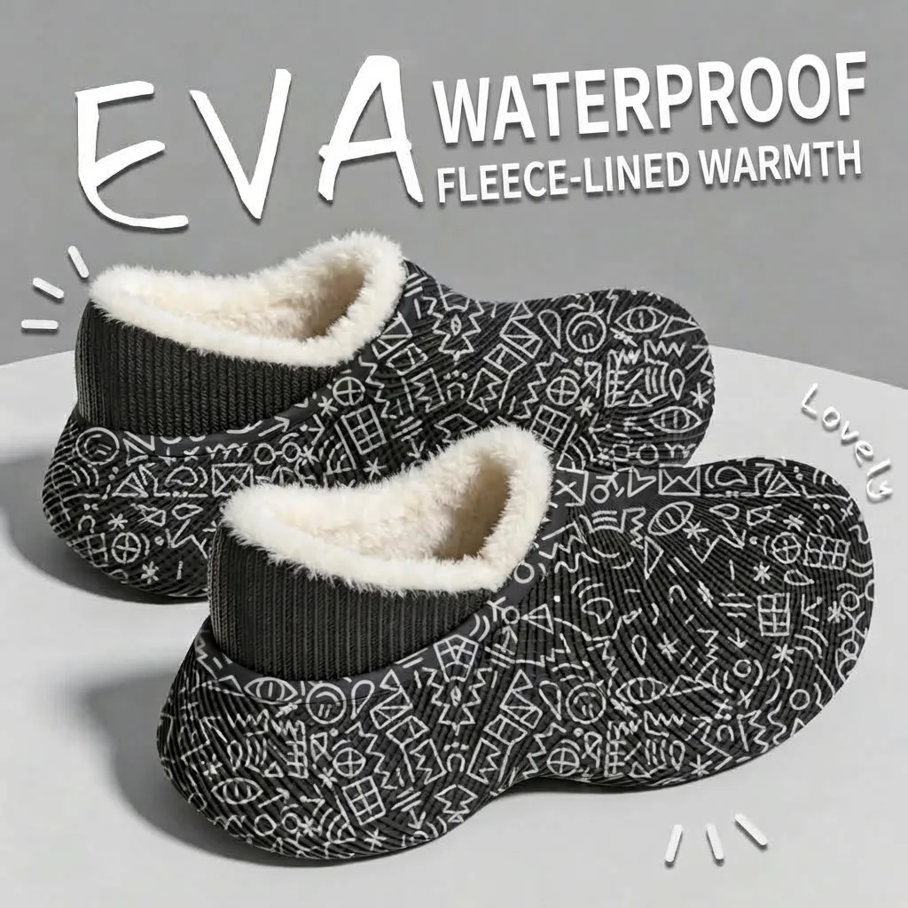 Winterwarme Baumwoll-Hausschuhe für Damen und Herren, wasserdichte EVA-Doodle-Stiefel, mit Fleece gefüttert, dicke Sohle, rutschfest, für drinnen und draußen, Hausschuhe – Detail 20