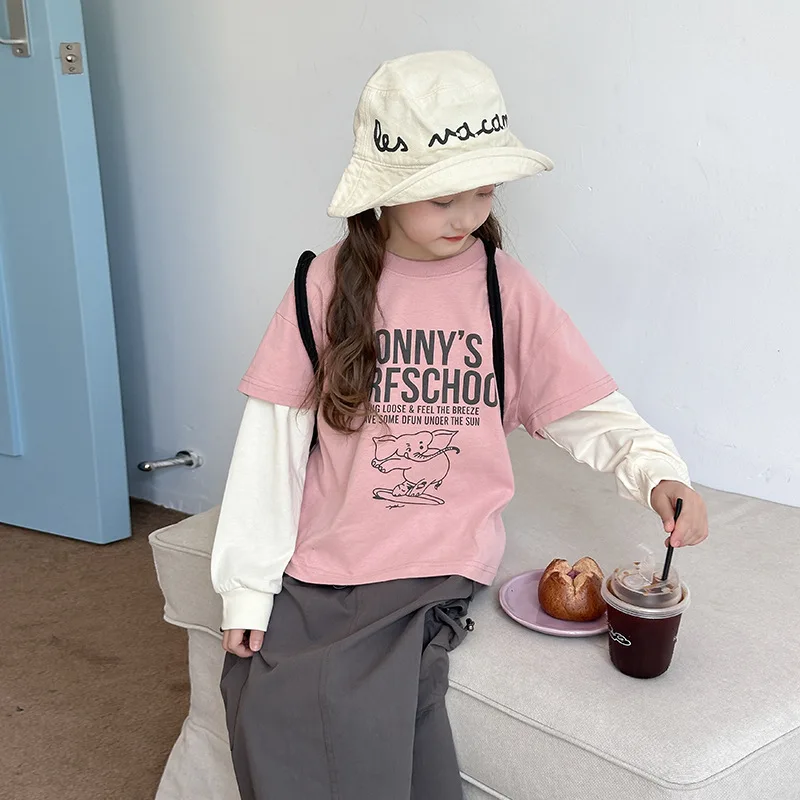 Kinderkleding Kids Casual T-Shirt 2024 Herfst Meisjes Top Koreaanse Stijl Kleur Cartoon Letters Nep Twee Modieuze T-Shirts