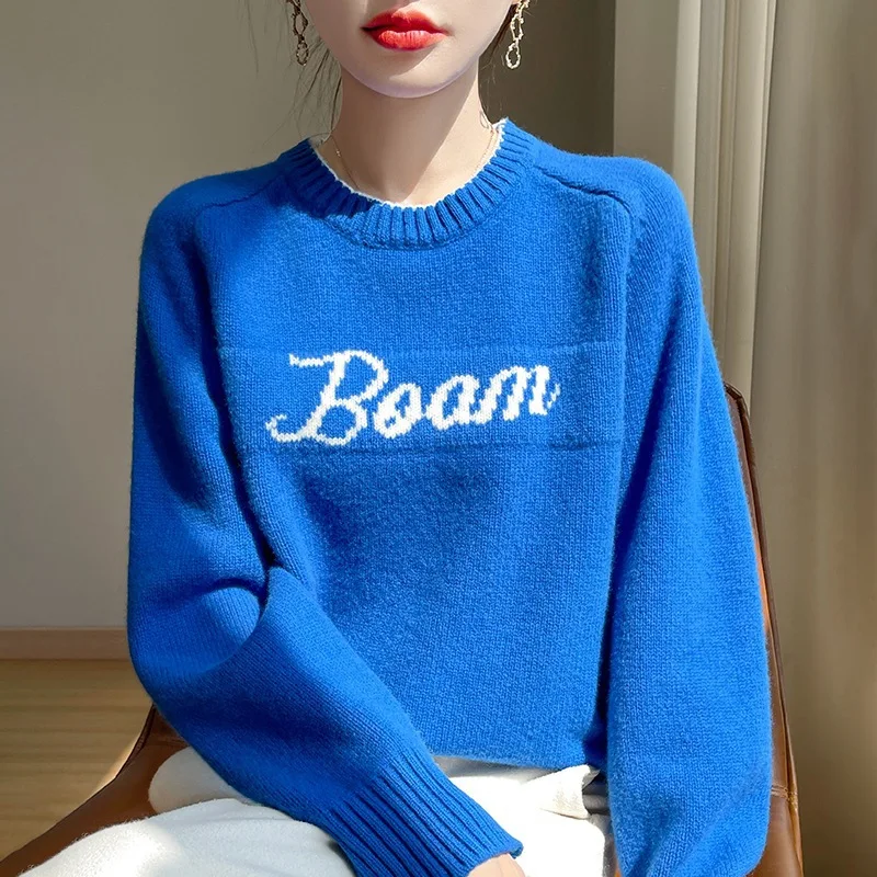 round Neck Women's Wool Double Strand Thickened Sweater Letter Embroidery Jacquard Design Loose Sweater Fashion