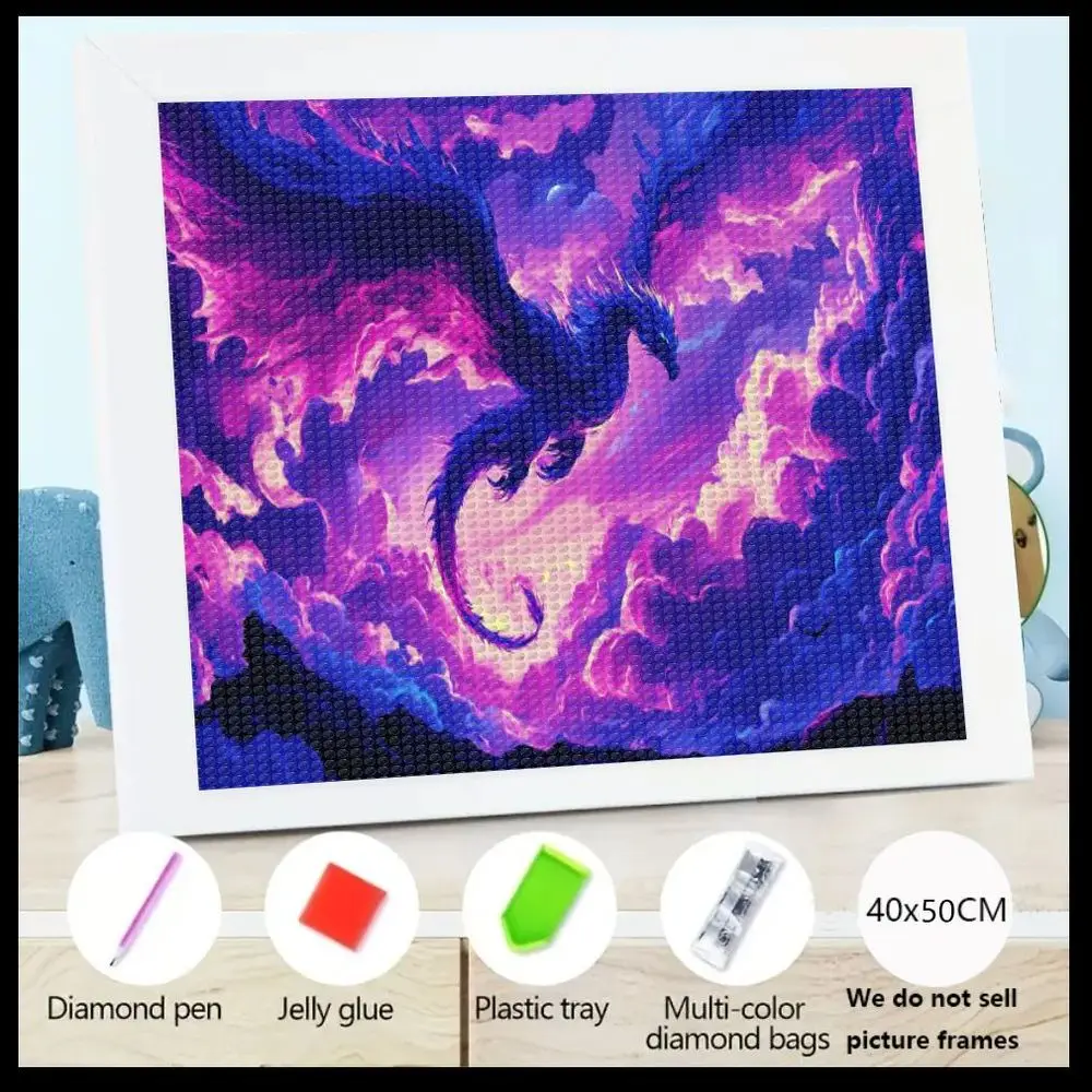 

Набор для алмазной вышивки 5D, 1 шт., с рисунком дракона, с инструментами - 40x50 см, темно-синий/фиолетовый дракон на фоне разноцветных облаков, включает