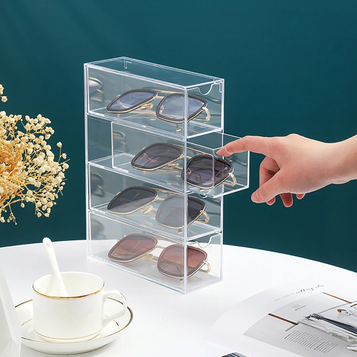 Glasses Storage Box 4 Layers Large Glasses Organizer Box Multifunctional Stackable Display Holder Reusable Acrylic Cosmetics