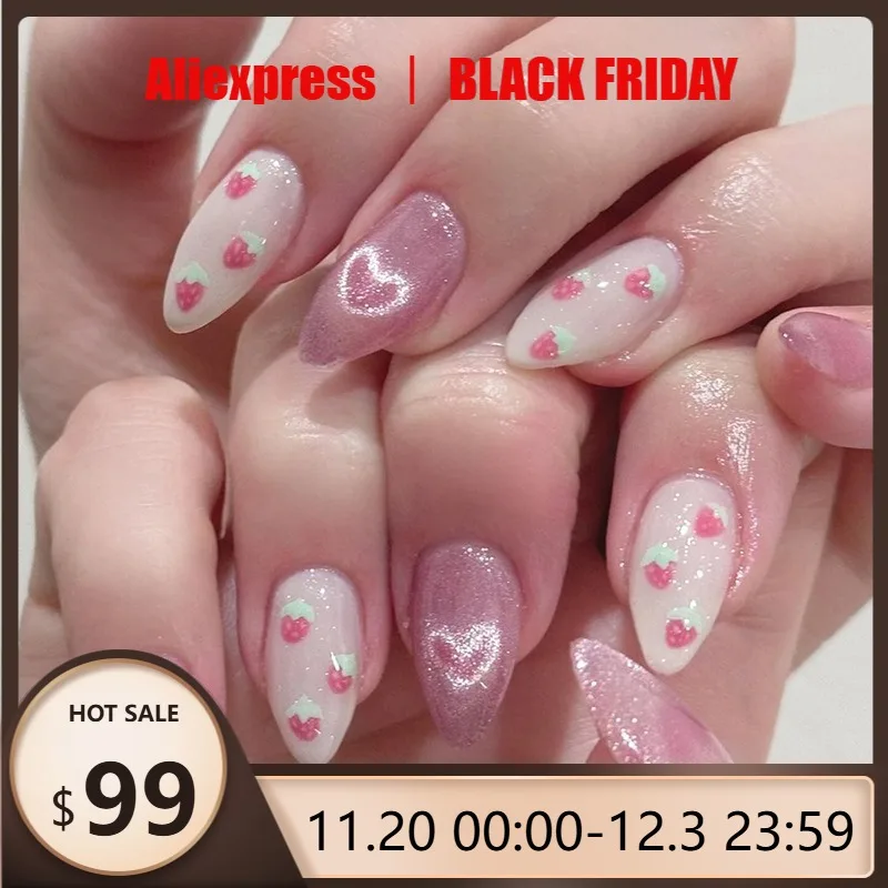 

24Pcs Almond Press-On Nails in Pink Cat Eye with Heart & Strawberry Designs – Glossy Acrylic Stick-On Nails for Women & Girls