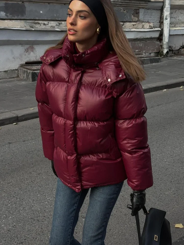 2024 Winter Burgundy Hooded Warm Cotton Coats Fashion Stand Collar Single Breasted Zipper Cotton Jacket Female Elegant Outerwear