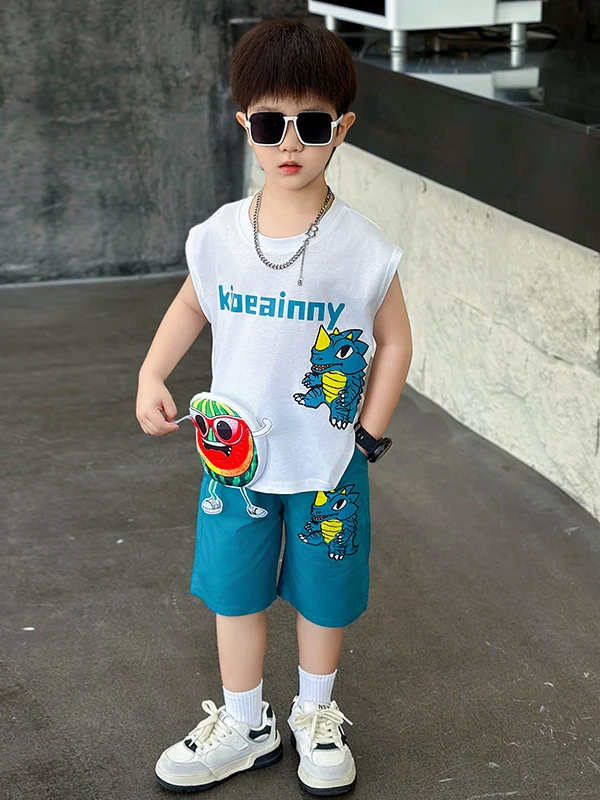 Conjunto Esportivo Fino Sem Mangas NaZha para Meninos, Moda de Verão, Roupa Infantil, Camiseta de Algodão de Manga Curta com ...