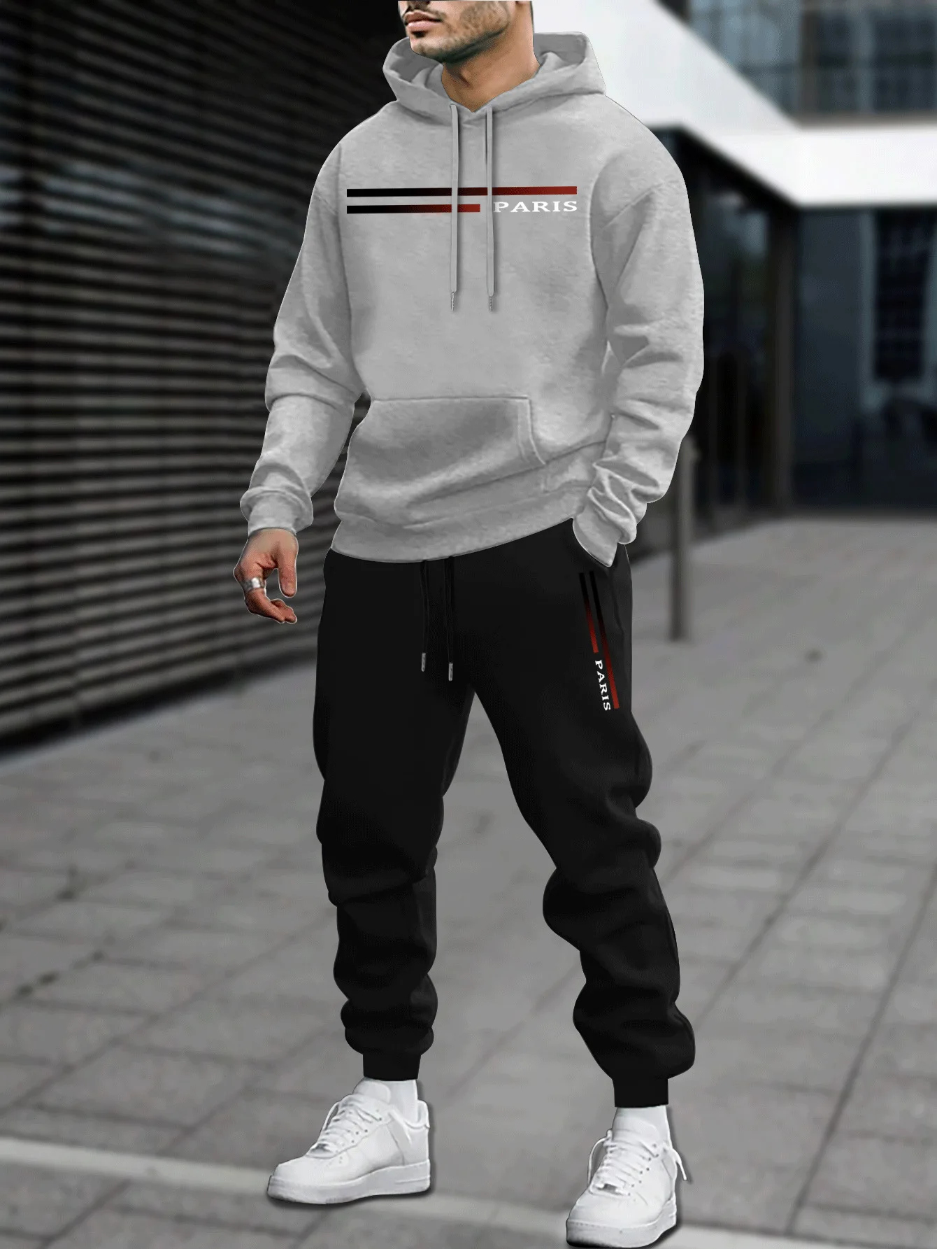 Men's Classic Personalized Fashion Paris Alphabet Stripe Printed Machine Washable Hooded Sweatshirt and Pants Casual Sports Set