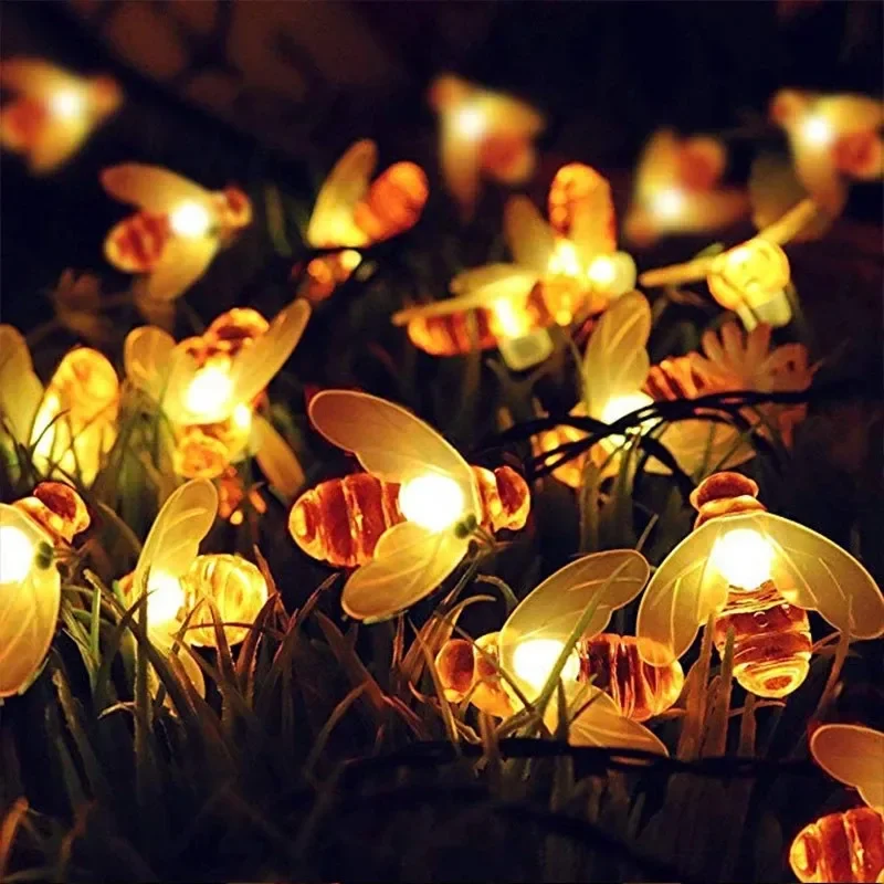 Solar Powered Cute Honey Bee Led String Fairy Light 20 Leds Bee Outdoor Garden Fence Patio Christmas Garland Lights Garden Decor