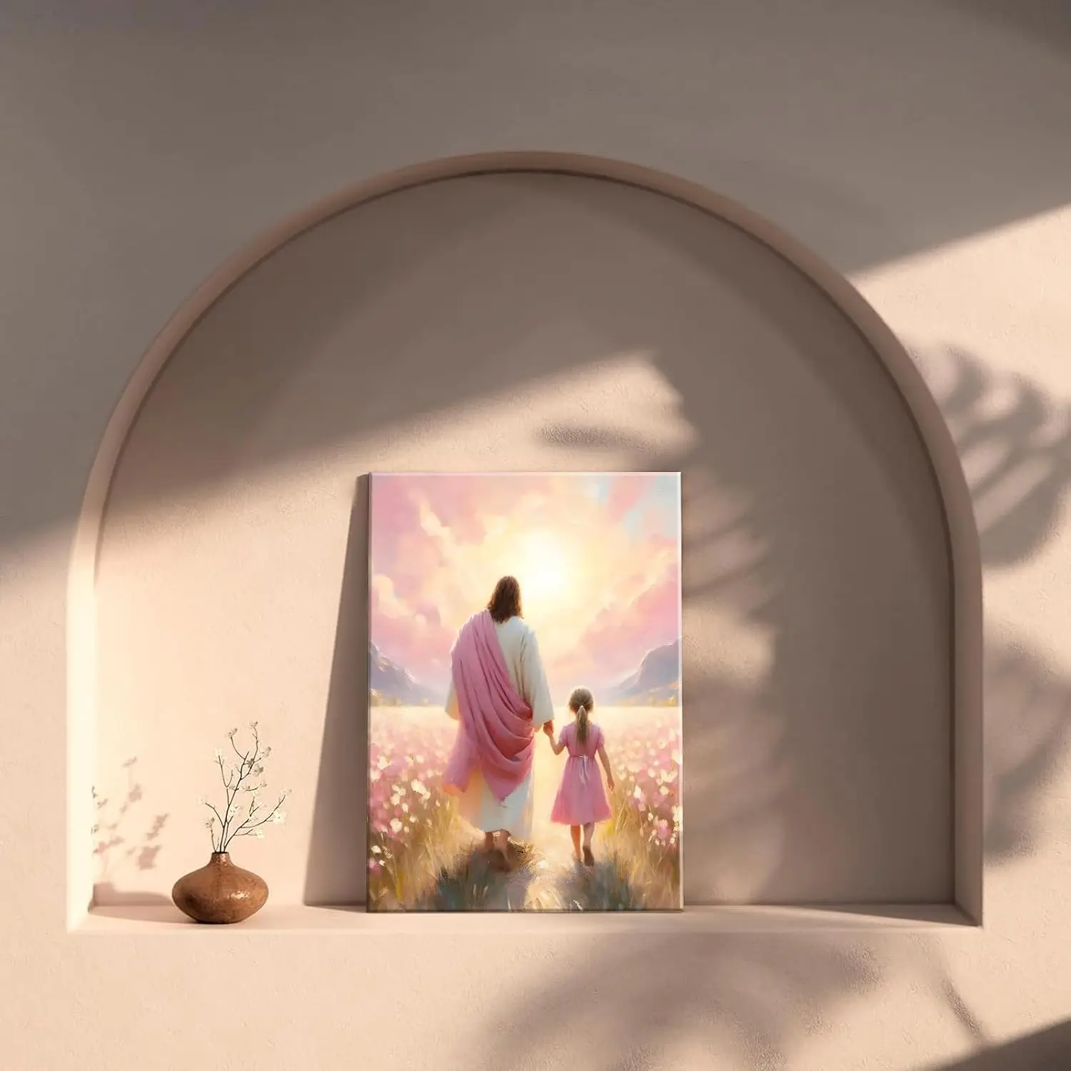 Arte en lienzo que camina de Jesús y niña (decoración de pared cristiana con el concepto "The Way He Leads", impresión de póster "I Will Walk with Christ"